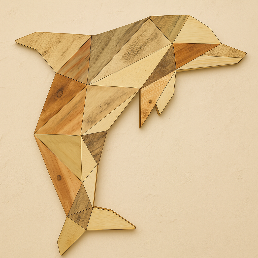 Geometrische wanddecoratie van resthout in de vorm van een dolfijn