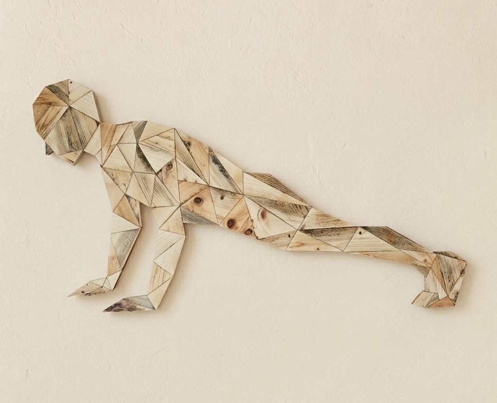 Geometrische wanddecoratie van resthout in de vorm van een man in push-up positie