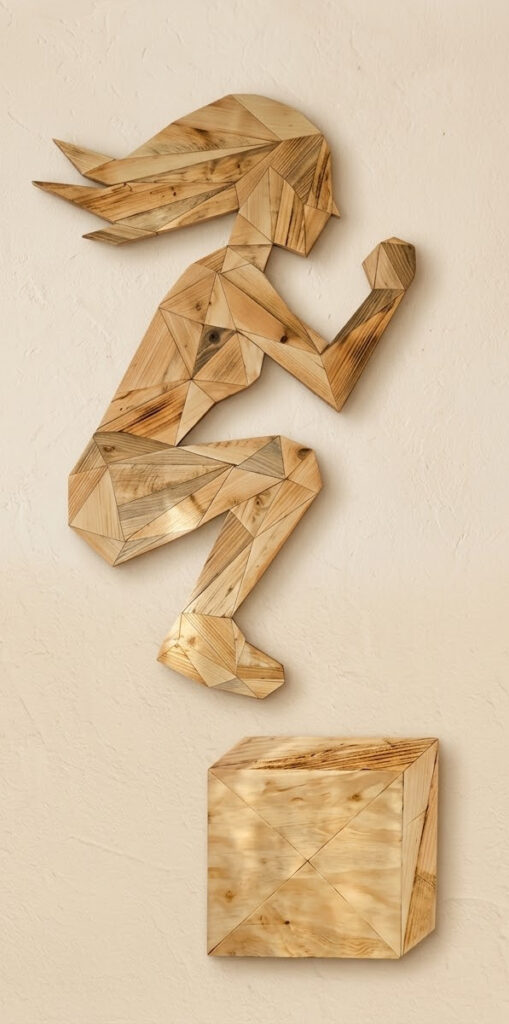 Geometrische wanddecoratie van resthout: springende vrouw boven een houten kist (box jump)