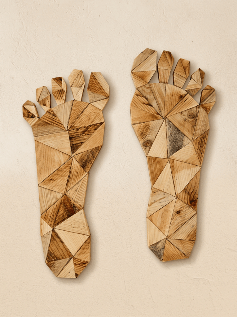 Geometrische wanddecoratie van resthout: twee voetafdrukken (linker- en rechtervoet) van driehoekig hout